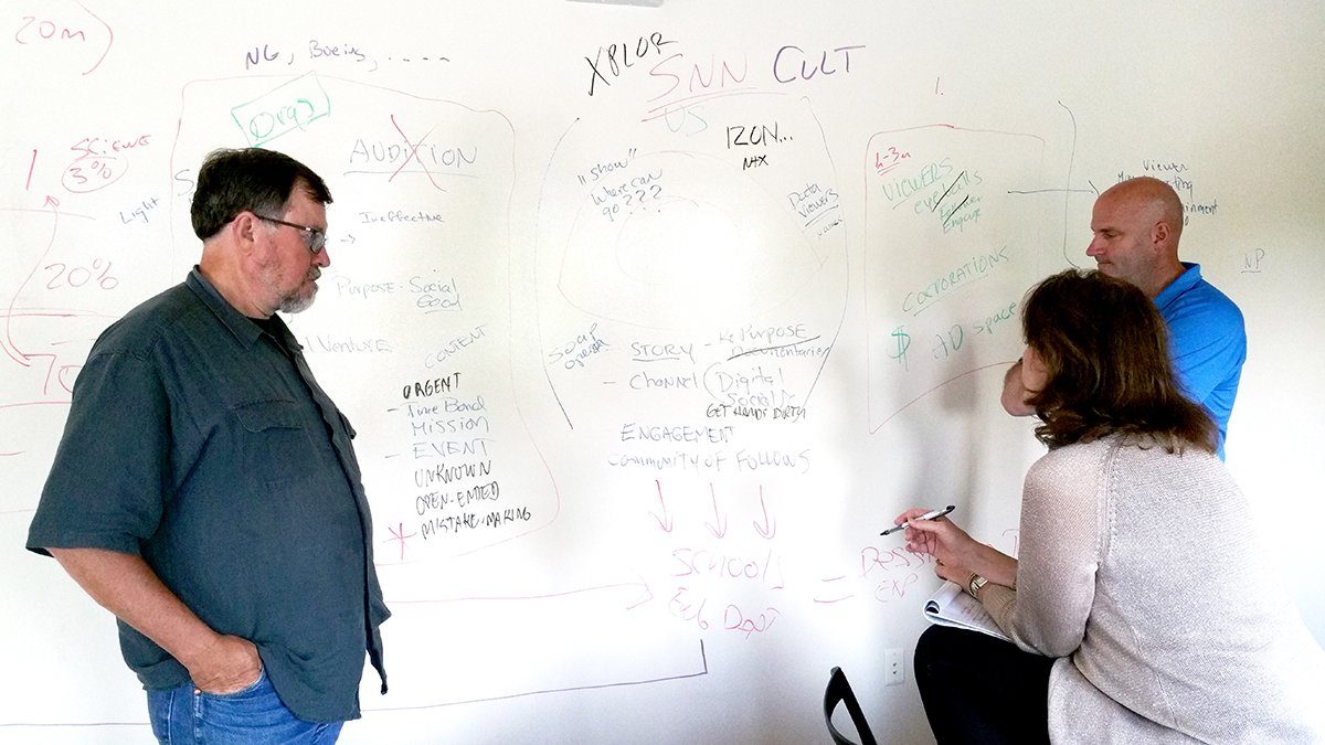 NPL team working through strategy at a whiteboard